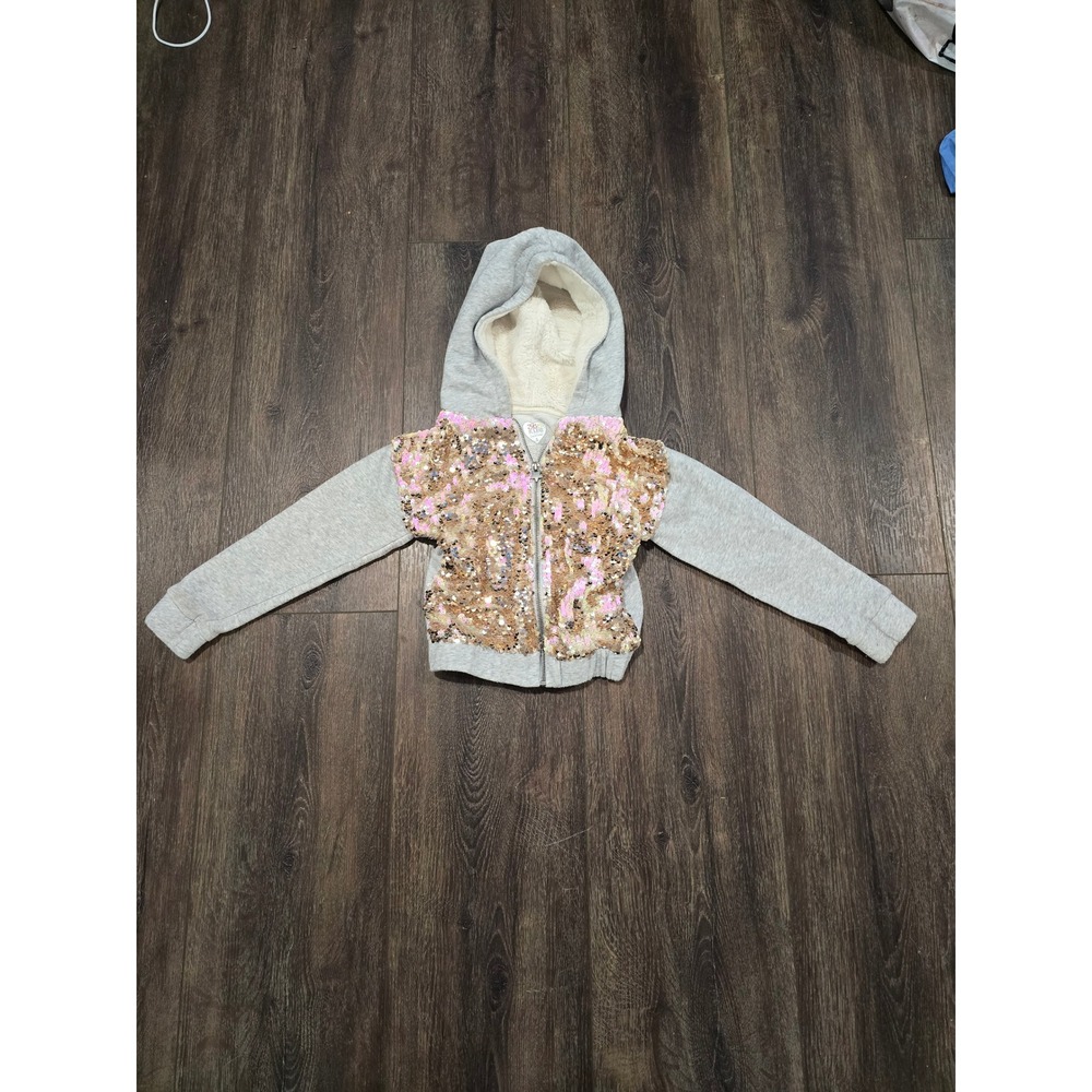 365 Kids Garanimals Girls Gray Sequin Faux Fur Lined Zip Up Hoodie Sweatshirt 5